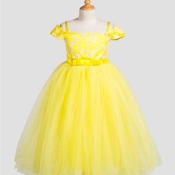 Toy Balloon Kids Net Woven Cold Shoulder Leaves Embroidered Gown - Yellow-picture-2