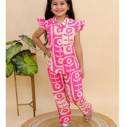 AJ Dezines Cotton Woven Frill Sleeves Floral Printed Top & Coordinating Pant Set - Pink-image-78