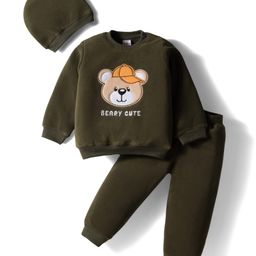 Babyhug Velour Knit Full Sleeves Winter Wear T-shirt & Lounge Pant Set with Cap & Bear Patch Embroidery - Dark Green-picture-12