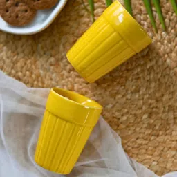 WEAVING HOMES Yellow 2 Pieces Textured Ceramic Glossy Dishwasher Safe Kulladhs 150ml-46