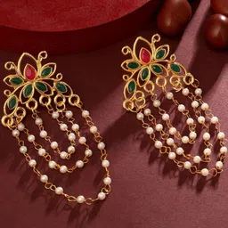 Stefan Gold-Plated Kundan Studded Pearls Beaded Floral Shaped Drop Earrings-picture-0