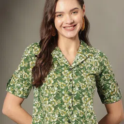 KALINI Floral Printed Roll-Up Sleeves Cotton Shirt Style Crop Top-image-78