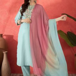 Sangria Floral Embroidered Round Neck Sequinned Straight Kurta Trousers & Dupatta-picture-10