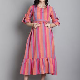 Moms Maternity Striped Bell Sleeve Maternity A-Line Midi Dress-image-39