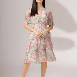 Justin Whyte Floral Print Flared Sleeve Chiffon A-Line Dress-picture-54