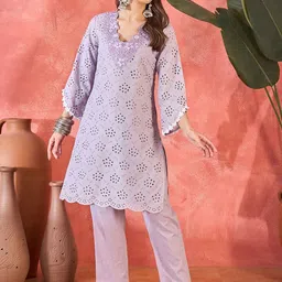 Sangria Floral Embroidered Chikankari V-Neck Pure Cotton Straight Kurta With Trouser-picture-11