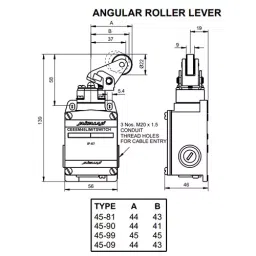 JAIBALAJI Cee EM 45 Series Limit Switch with Angular Roller Lever Snap Action 1NO + 1NC Contact 10 Amp Continuous current, 45-90 image 2