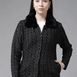 Cayman Women Self Design Woollen Cardigan with Faux Fur Detail-3