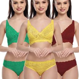 FIMS: Fashion is my Style Maroon & Yellow Cotton Lace Work Lingerie Set - Pack Of 3-image-45