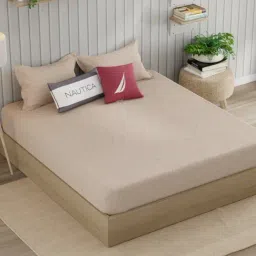 Nautica Marina Bay Beige Cotton Geometric 250 TC King Flat Bedsheet with 2 Pillow Covers-image-62