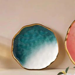 Nestasia Premium Quality Glazed Green Ceramic Ombre Snack Plate With Gold Rim For Dining Table-image-44