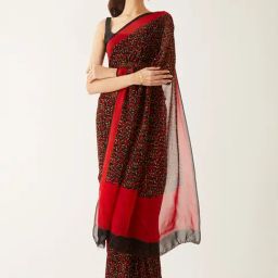 Taneira Black & Red Floral Print Saree With Unstitched Blouse-image-55