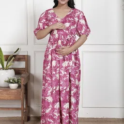 Swasti Abstract Printed Puff Sleevees Maternity Gown Maxi Dress-picture-4