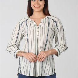 Mustard Off White Cotton Striped Shirt-image-117