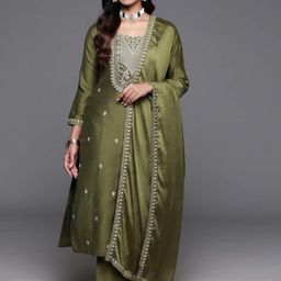 KALINI Women Floral Embroidered Regular Thread Work Chanderi Silk Kurta with Trousers & With Dupatta-15