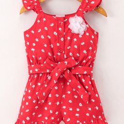 Kookie Kids Sleeveless Jumpsuit Floral Print with Bow & Floral Applique - Red-image-13