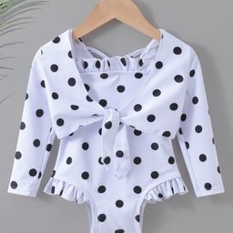 Kookie Kids Full Sleeves V Cut Swimsuit Polka Dot Print - White-picture-17