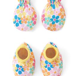 Babyhug 100% Cotton Knit Mittens & Booties Set Floral Print - Yellow-image-25