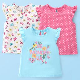 Babyhug Cotton Knit Frill Sleeves Top With Butterfly & Text Print Pack Of 3 - White Pink & Blue-image-76