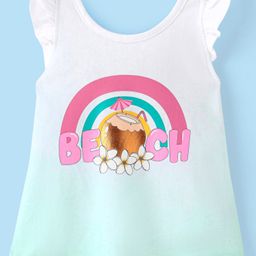 Babyhug 100% Cotton Knit Frill Sleeves Top Beach Theme With Foil Print -White & Light Green-image-48