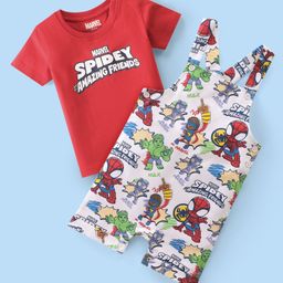 Babyhug Marvel Single Jersey Knit Dungaree With Half Sleeve Inner T-Shirt With Spiderman Print - Red & White-picture-15