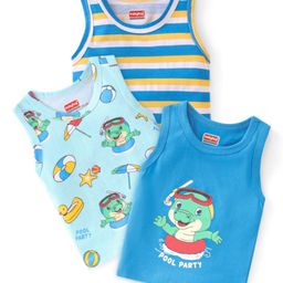 Babyhug 100% Cotton Sleeveless Sandos Striped & Crocodile Print Pack of 3 - Blue-image-5