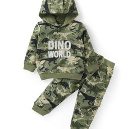 Babyhug Cotton Knit Full Sleeves Dino World Hooded Top & Pants Set With Dinosaurs Print - Green-image-35