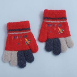Babyhug Woollen Gloves with Airplane & Star Print - Red-image-32