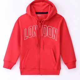 Doreme Fleece  Knit Full Sleeves Hooded Sweat Jacket with Text Print - Red-picture-5