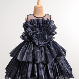 Bluebell Tissue Woven Sleeveless Layered Frock with Floral Applique - Navy-image-76