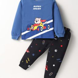 Mini Donuts Cotton Knit Full Sleeves T-Shirt & Lounge Pants Set With Bear & TextPrint - Blue-image-18