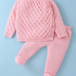 ToffyHouse Cotton Knit Full Sleeves Top & Footed Leggings Set With Argyle Design - Light Pink-image-42