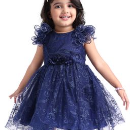 Babyhug Woven Half Ruffle Sleeves Shimmered Fit & Flared Party Frock with Corsage Applique - Navy Blue-image-90