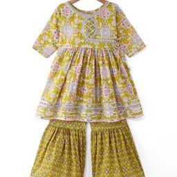 Ridokidz Full Sleeves FloralPrinted Lace Embellished Kurta With Salwar Kameez Set - Mehandi Green-image-99