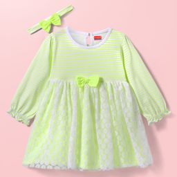 Babyhug Single Jersey Knit Full Sleeves Striped Frock with Headband & Bow Applique - White & Light Green-image-79