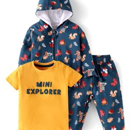 Babyhug Terry Knit Full Sleeves Hooded Sweatjacket & Lounge Pant Set With T-Shirt & Animal Print - Navy Blue & Yellow-image-48