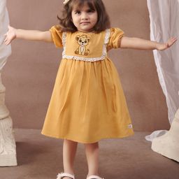 Tiny Twills Linen Half Puffed Sleeves Cub Printed & Lace Embellished Dress - Yellow-image-66