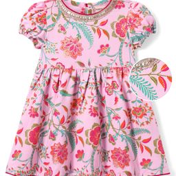 EARTHY TOUCH Single Jersey Knit Half Puffed Sleeves Ethnic Dress With Floral Print - Light Pink-picture-18
