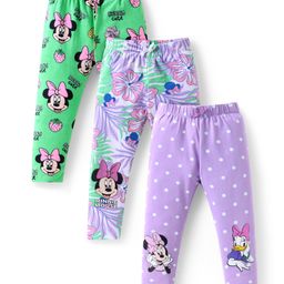 Babyhug Disney Lycra Knit Full Length Leggings With Minnie Mouse & Family Graphics Pack of 3 - Purple & Green-image-41