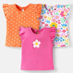 Babyhug Cotton Knit Frill Sleeves T-Shirts with Polka Dots & Floral Print Pack of 3 - Orange & Pink-image-103