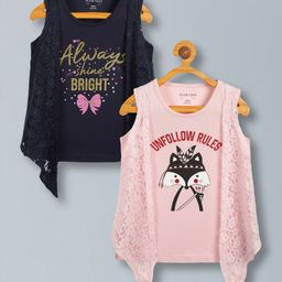 Plum Tree Pure Cotton Pack Of 2 Sleeveless Fox & Always Shine Bright Text Glitter Printed Top With Attached Floral Lace Shrug Top - Pink & Navy Blue-image-93
