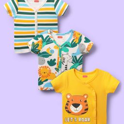 Babyhug 100% Cotton Antibacterial Half Sleeves Front Open Vest With Stripes & Animal Print Pack Of 3 - Yellow & White-image-20