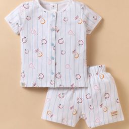 Ollypop Sinker Knit Half Sleeves Shorts Co-Ord Night Suit With Fruit Print - White-image-32
