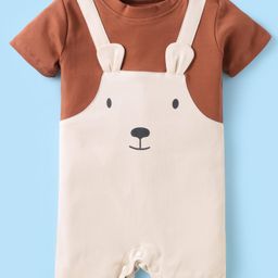 Mark & Mia Cotton Knit Half Sleeves Romper with Ear Applique & Bear Print - Beige-image-82