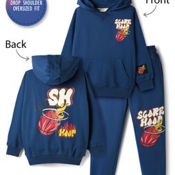 Primo Gino 100% Cotton French Terry Oversized Drop Shoulder Full Sleeves Hooded T-Shirt & Jogger Pant Set With Text Print - Blue-picture-42
