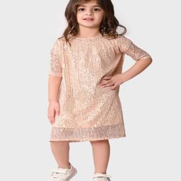 Bonkids Cotton Woven Half Sleeves Sequins Embellished Dress - Champagne-image-2