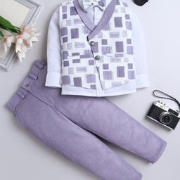 Fourfolds Woven Full Sleeves Chevron Embroidered Abstract Printed 3 Piece Party Suit Set With Bow - Purple-image-30