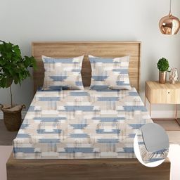 Trance Home Linen Echo Blue Cotton 180TC 72x48 inch Fitted Bedsheet 2 Pillow Covers-15