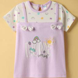 Tango Interlock Knit Half Sleeves Frock With Love Text Print & Bow Applique - Mauve-image-19