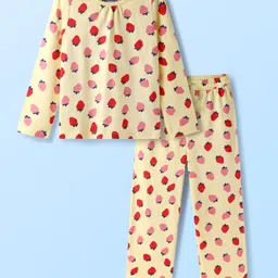 Pine Kids Cotton Knit Full Sleeves Co-ords Night Suit with Strawberry Print - Yellow-picture-15